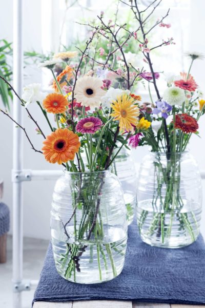 des fleurs en scène dans des grand vase de différentes couleurs et forme